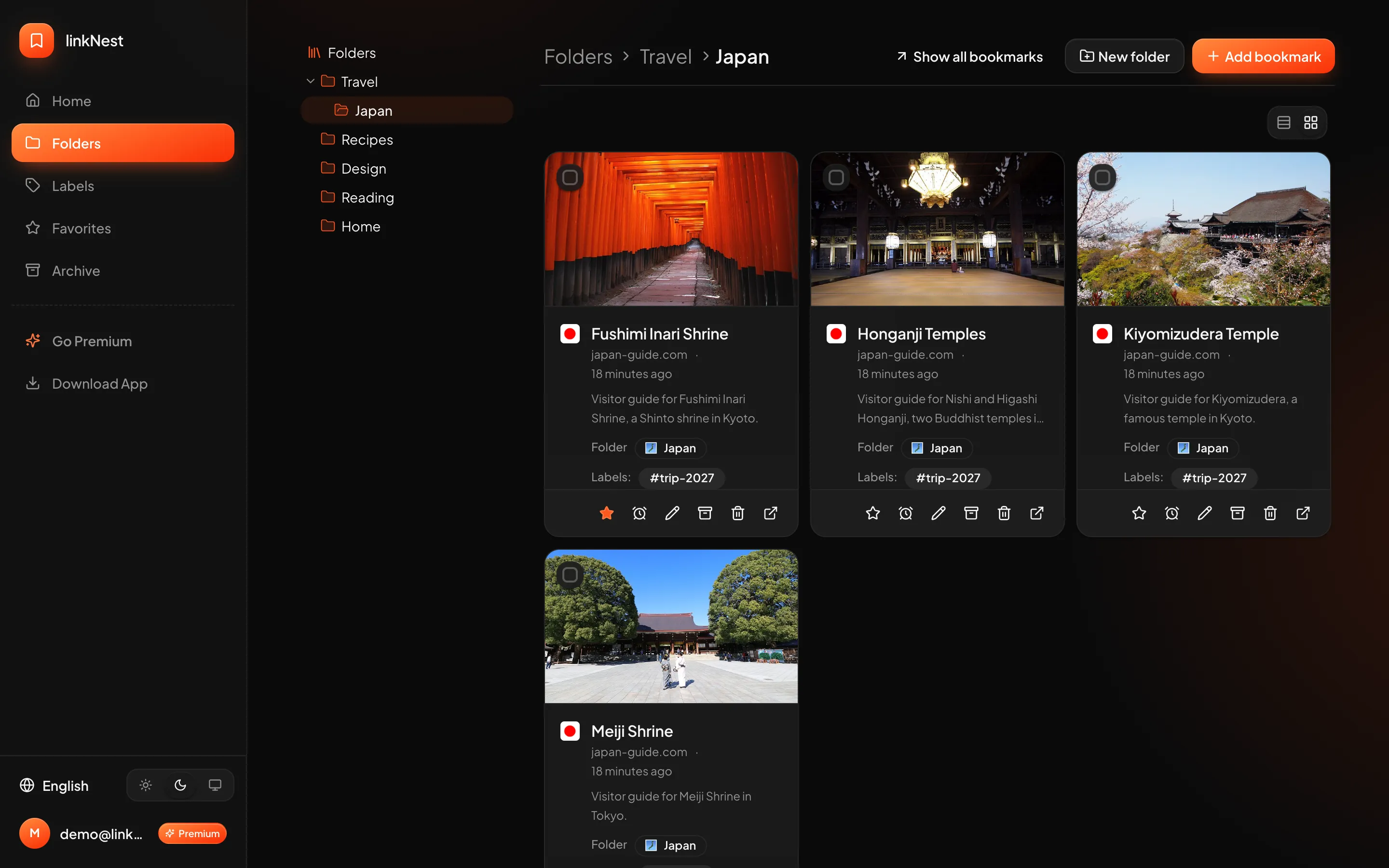 Nested folders in the sidebar, with the Travel / Japan folder open and its saved temples shown as cards