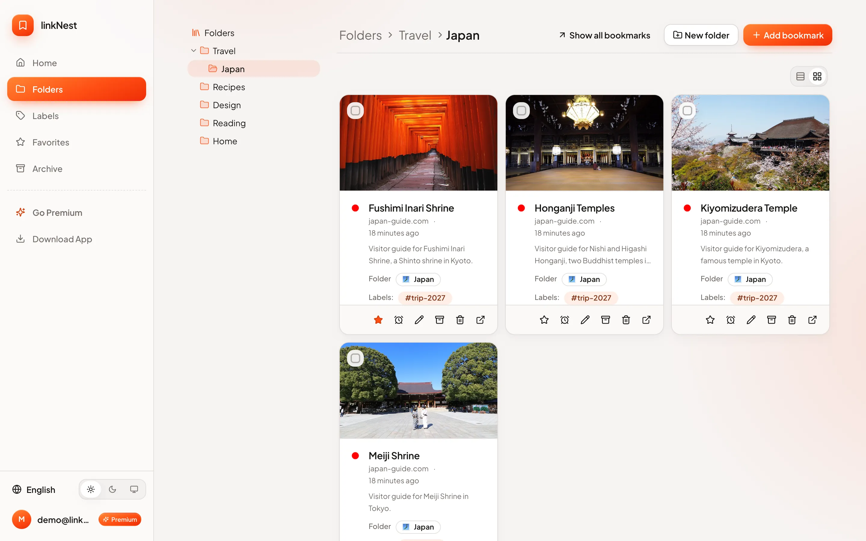 Nested folders in the sidebar, with the Travel / Japan folder open and its saved temples shown as cards