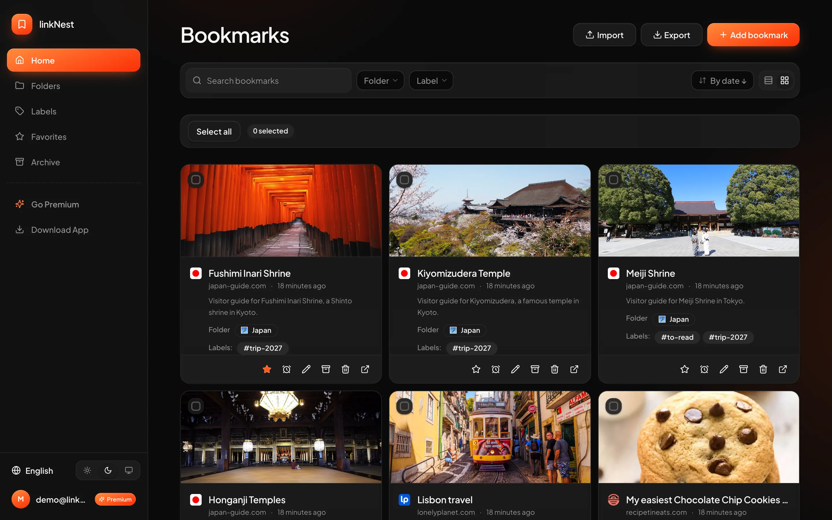 The Keeply web app showing saved bookmarks as a grid of cards with preview images, folders and labels