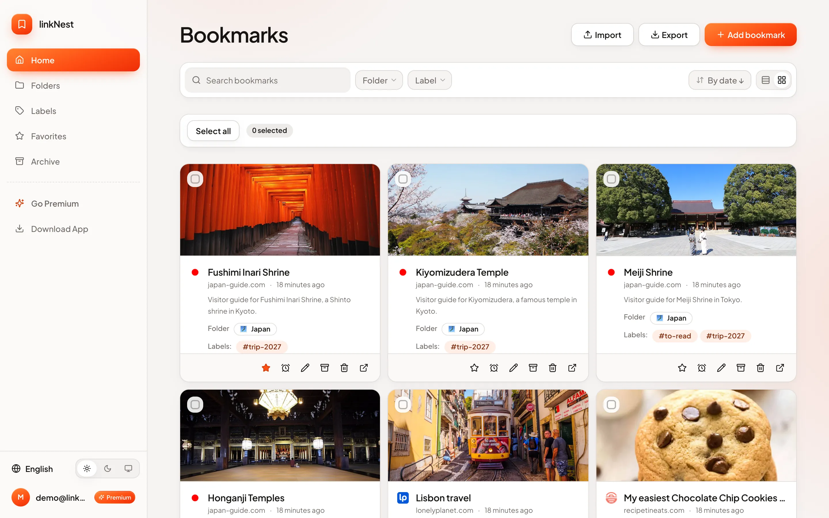 The Keeply web app showing saved bookmarks as a grid of cards with preview images, folders and labels