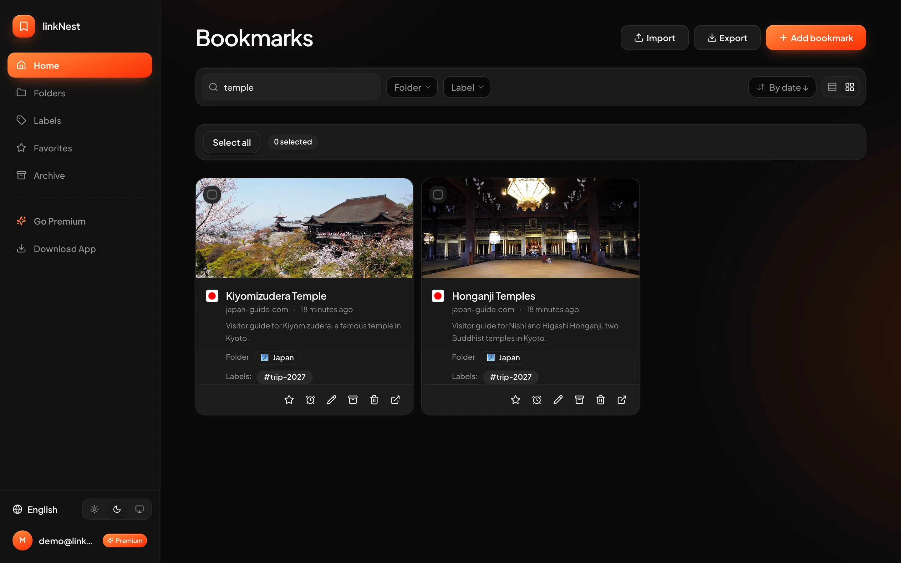 Searching for temple shows the two matching bookmarks