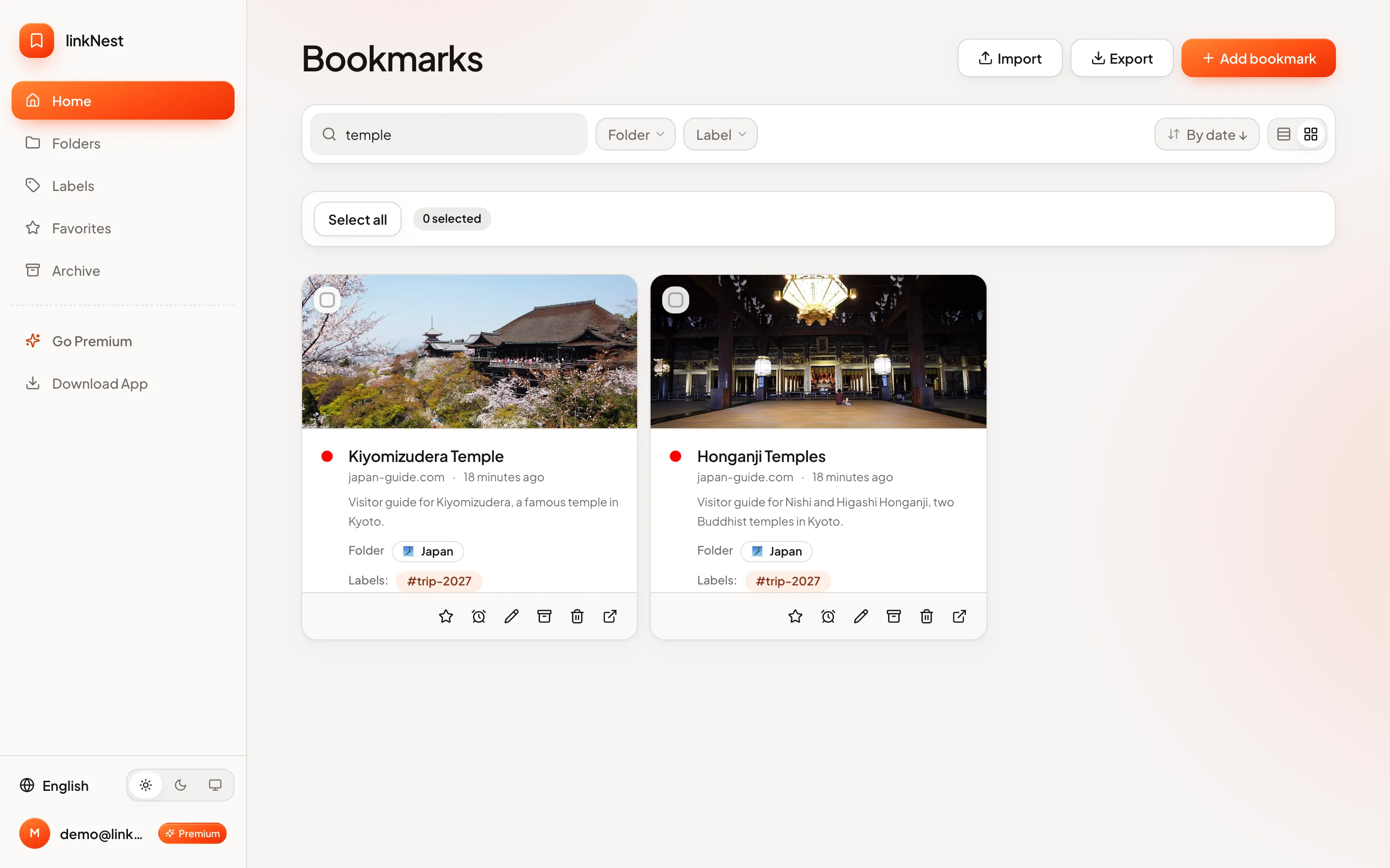 Searching for temple shows the two matching bookmarks